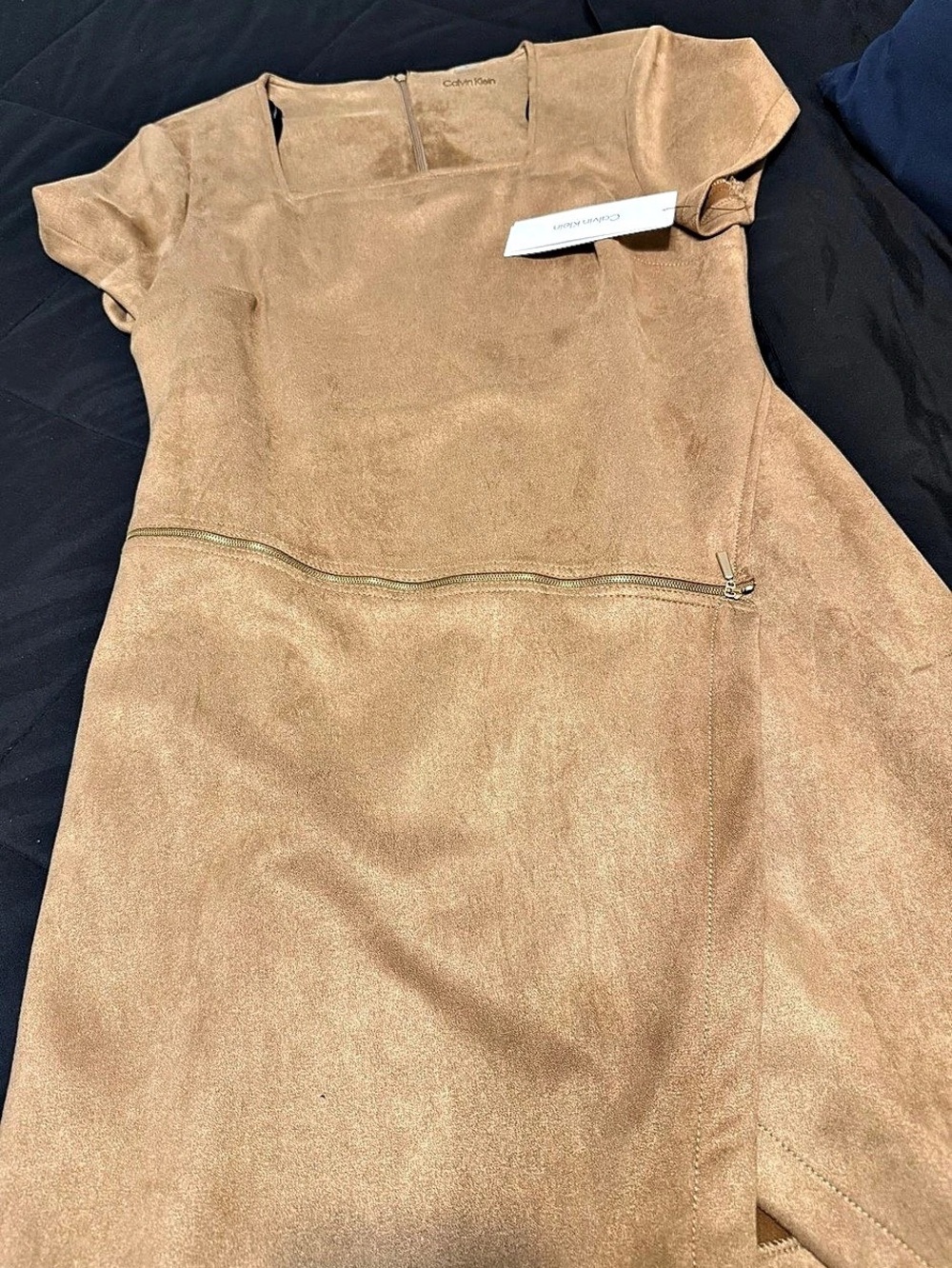 Calvin Klein Camel Faux Suede Mini Dress – Square Neck Zip Detail Short Sleeve